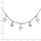Sterling Silver Polished White & Pink Enameled CZ Cross and Angels Children's Necklace